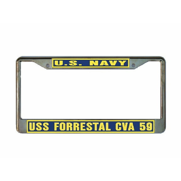 USS FORRESTAL CVA 59 License Plate Frame Gold Chrome Metal Military Navy USN Car Truck RV F001