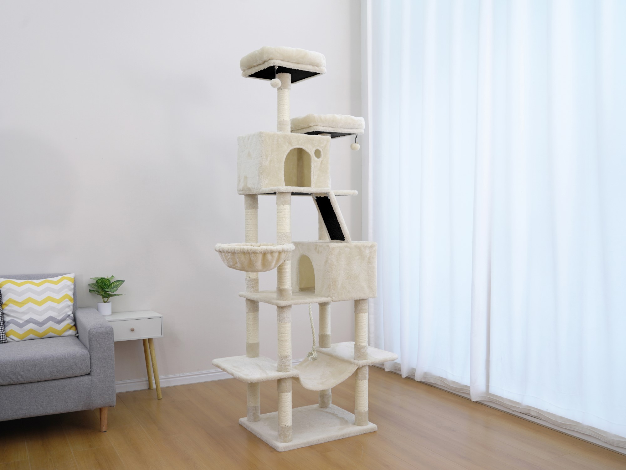Vibrant Life Heavy Duty 7-Level 81" Cat Tree with Two Condos and Hammock, Beige