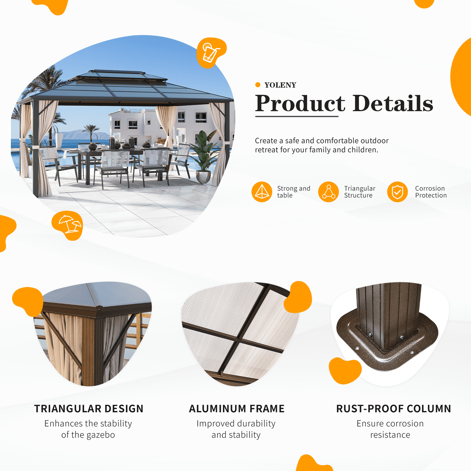EROMMY 10'x13' Hardtop Gazebo with Polycarbonate Double Roof and Aluminum Frame for Garden, Patio, Lawns