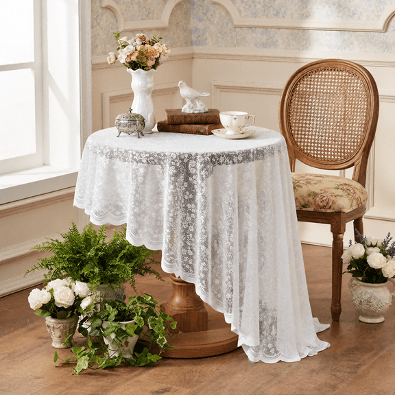 Charcrocsm White Lace Round Table Cloth 180cm, Vintage Floral Table Cover for Dining Room and Coffee Table, Elegant Sheer Decorative Tablecloth for Bedside Table, Sofa, and Refrigerator Top