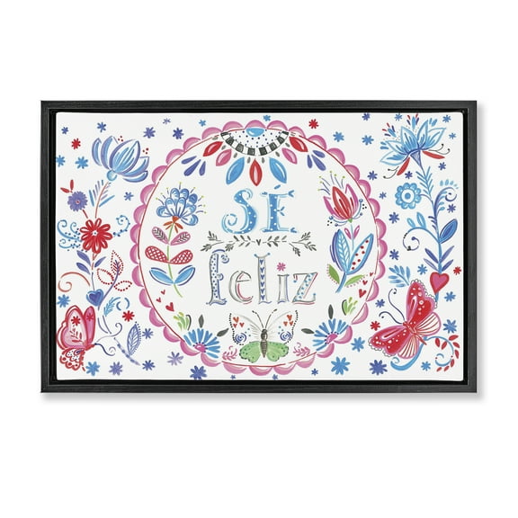 Stupell Industries Se Felices Mariposas Florales Inspirational Quotes & Sayings Drawing Black Floater Framed Art Print Wall Art, 25 x 17