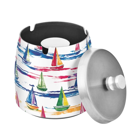 Yayeee Ashtray with Lid for Cigarette Smokeless Stainless Steel Home Ash Holder, Hand Drawn Sailboats