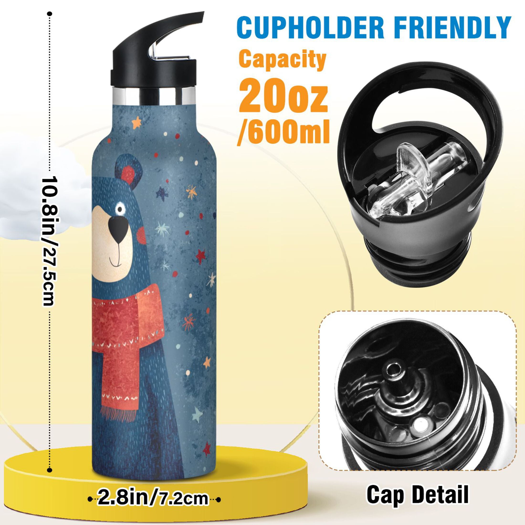 600ML Stainless Steel Insulated Cup Sports Water Bottle Portable Thermos Cup Water Glasses Insulated Tumblers Convenient and Durable Cartoon Christmas Blue Bear