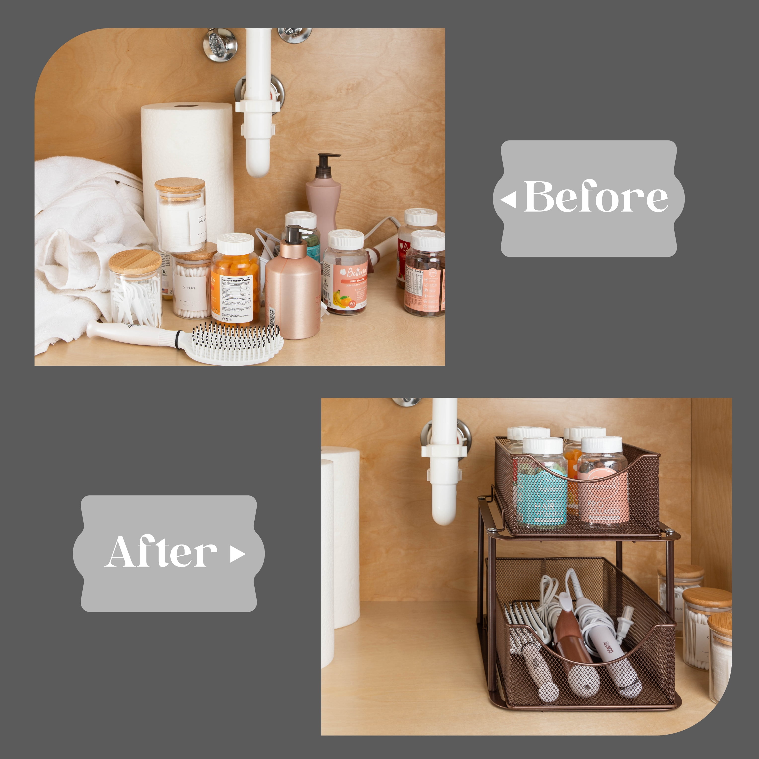 Sorbus 2 Sets of 2 Tier Metal Under Sink Organizer for Bathroom, Kitchen, Strong Steel Mesh Sliding Drawers for Under Sink, Under Cabinet, Closet, Kitchen, Pantry, Bathroom Organizers and Storage