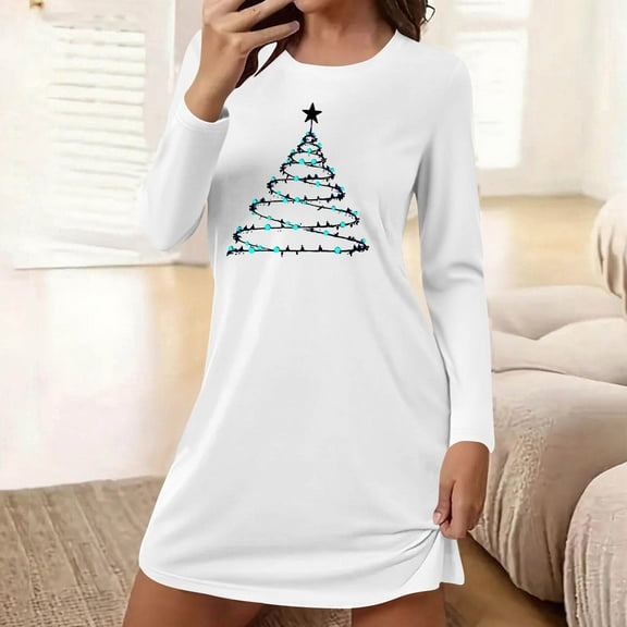 FDGIU Women's Christmas Nightgown Long Sleeve - Cute Graphic Print Loose Crewneck T-Shirt Dress, Holiday Sleepwear & House Coat