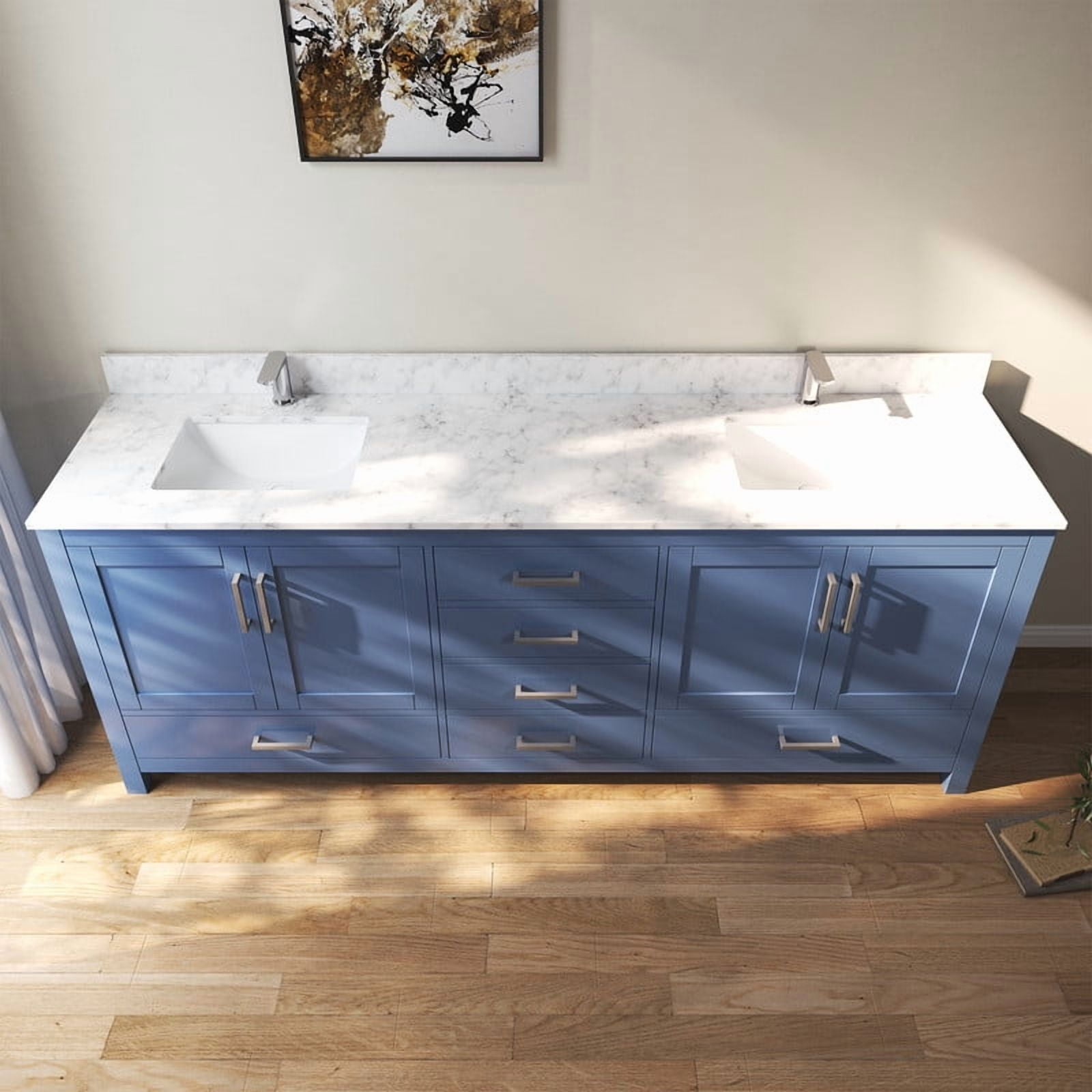 MEDUNJESS 84" Modern Bathroom Vanity with Double Basins Sink, Free Standing Vanity Cabinet with Faucet Hole(Blue)