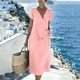 thumbnail image 5 of Women's Solid Color Wrap V Neck Midi Dress Short Sleeve Tie Waist Casual Vacation Dress with Pockets Pink L(L), 5 of 7