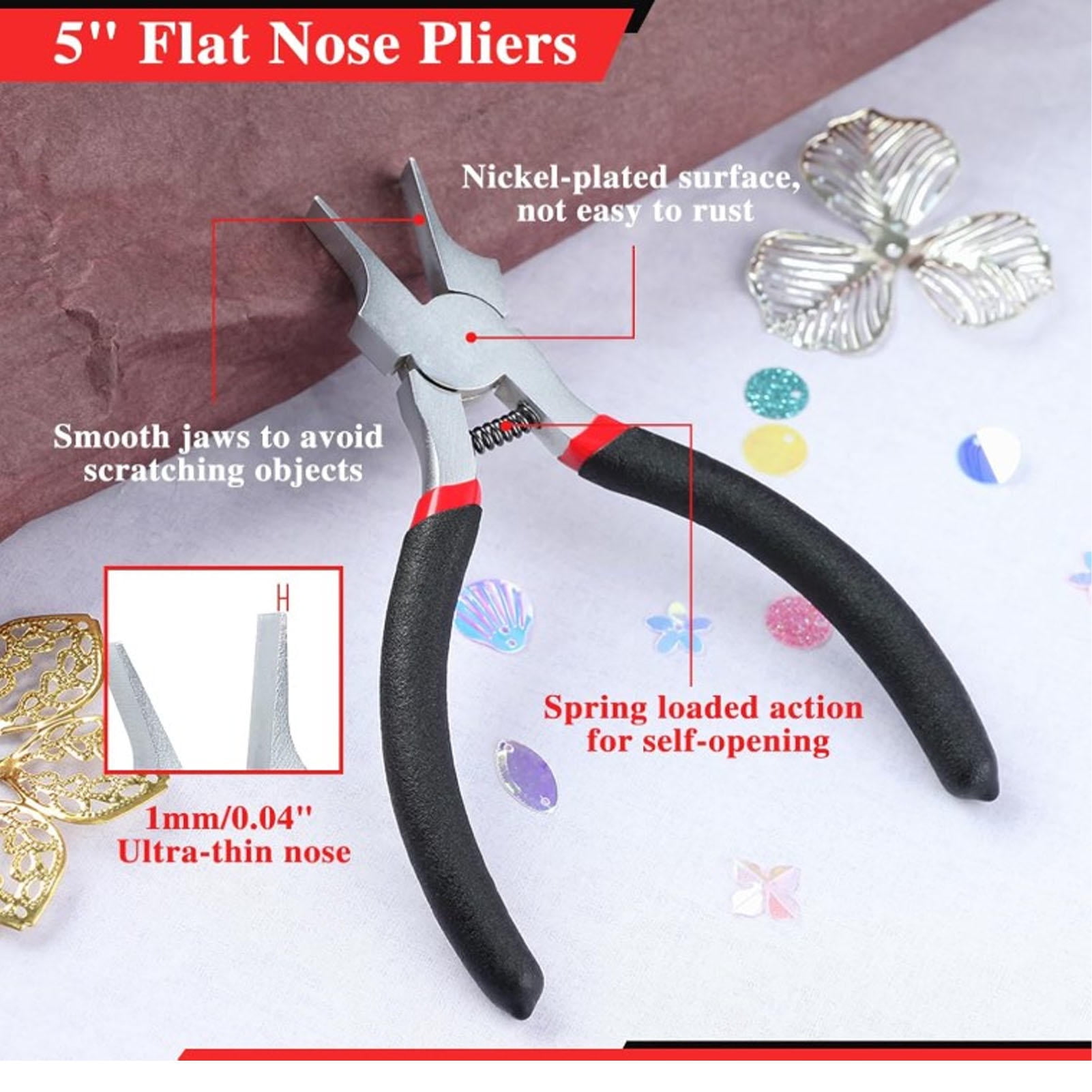Yajisi 5‑Inch Wide Flat‑Nose Pliers – Thin Ni‑Iron Alloy, Ergonomic PVC Handles, Slick Jaws for Jewelry & Wire Bending
