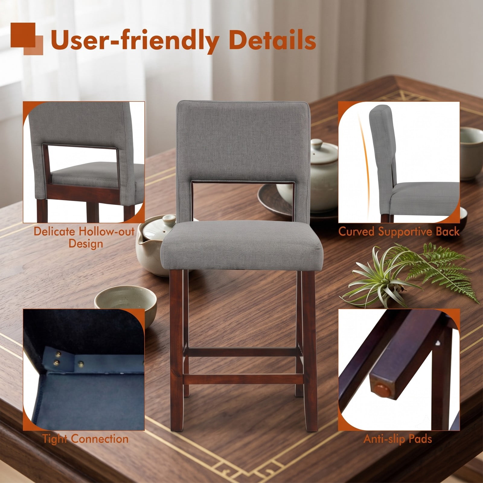 Furnibear Set of 2 Bar Stools with Hollowed Backrest, Rubber Wood Legs, Padded Seat, 24.5 Inch Counter Height Bar Chairs for Kitchen Pub Dining Room, 400 lb, Gray