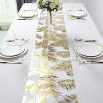BalsaCircle White 11x108 in Non Woven Fabric Table Runner Gold Metallic Leaves Print Events Decorations