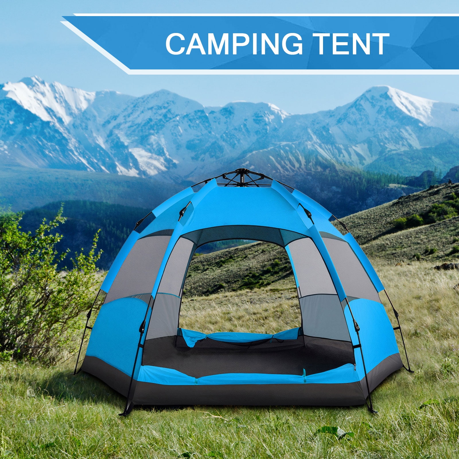 TOPCHANCES Outdoor Camping Tent for 3-4 Person, Automatic Pop Up Instant Tent with Rainproof Cover and Inflatable Pillow, Portable Waterproof Windproof for Family Hiking, Car Trip - Blue #B