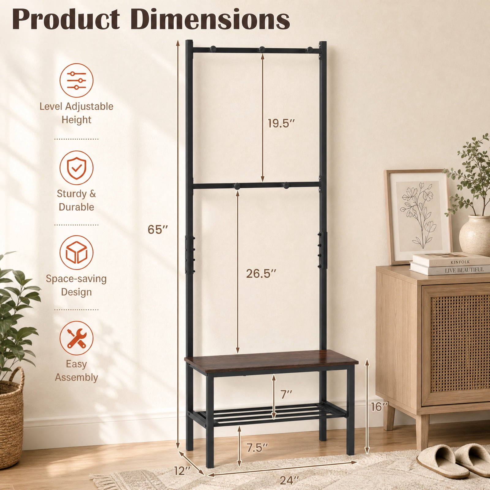 Furnibear 3 in 1 Freestanding Entryway Hall Tree with Bench and Hooks and Shoe Storage for Mudroom and Hallway, Rustic Brown