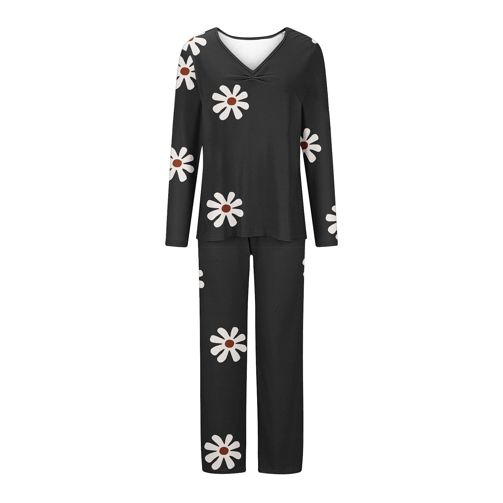 Ensembles De Pyjama Floral Pour Femmes Manches Longues Col En V Et Pantalon Droit Vêtements De Nuit Doux Ensembles De Détente