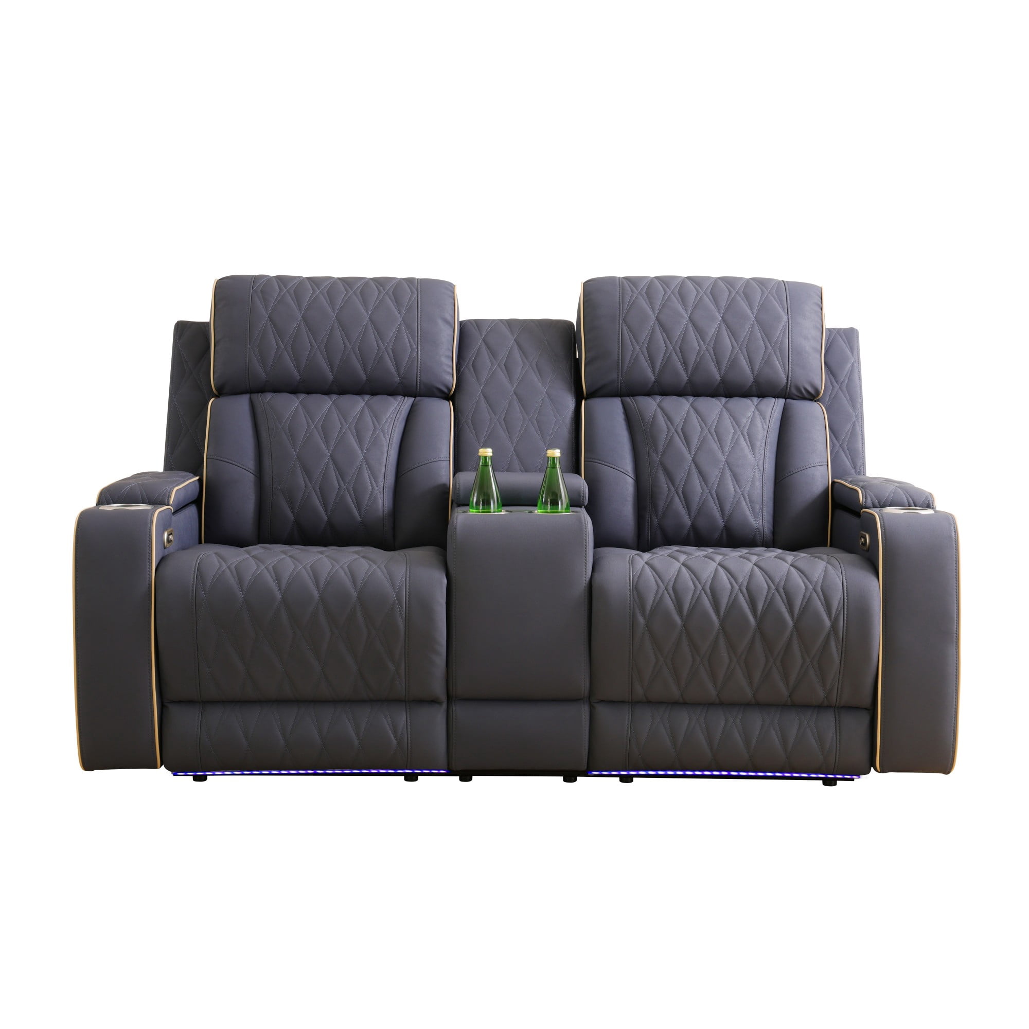 Gewnee Power Recliner Loveseat, LED Ambient Lights, Built in USB & Type‑C Ports, Hidden Storage, Home Theater Seating with Cup Holders, Matte Frosted Leather‑Blueish Grey