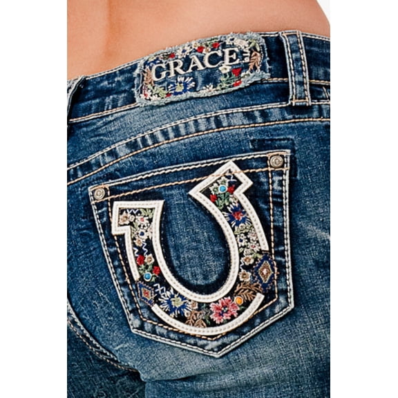 Grace in LA Women's Horseshoe Floral Embellished Bootcut Stretch Jeans (25, Blue Stonewashed)