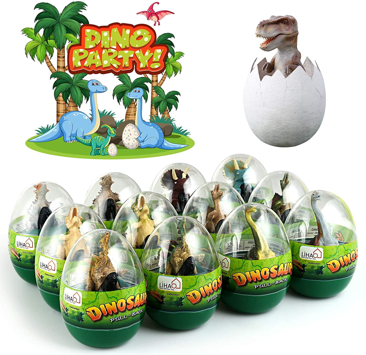 Naler Pack of 12 Dinosaur Pull Back Cars with Jumbo Eggs,Dino Surprise Easter Eggs for Kids Easter Basket Stuffers Birthday Party Favors