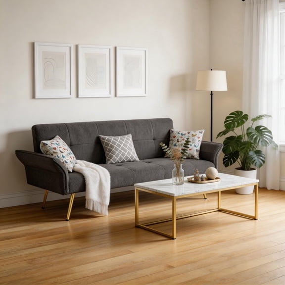 BSHTI 67.72" Teddy Fabric Convertible Futon Sofa Bed with 5-Position Adjustable Backrest & Armrest, Gold Metal Legs, Tufted Design, 2 Jacquard Pillows