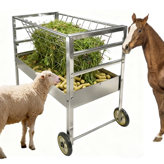 2-in-1 Hay Feeder with Wheels, All-Weather Goat Feeder Cart, Galvanized Steel Livestock Feeder for Ponies, Donkeys, Sheep