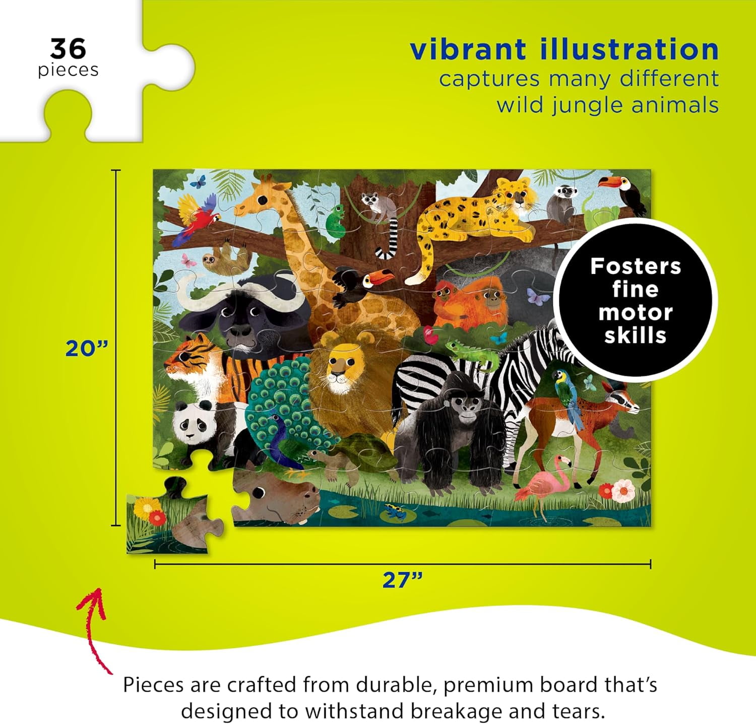 Crocodile Creek 36-Piece Jigsaw Floor Puzzle - Fun Floor Puzzles for Kids Ages 3-5 - Heavy-Duty Shaped Box for Storage - Jungle Friends - 27" W x 20" H Finished