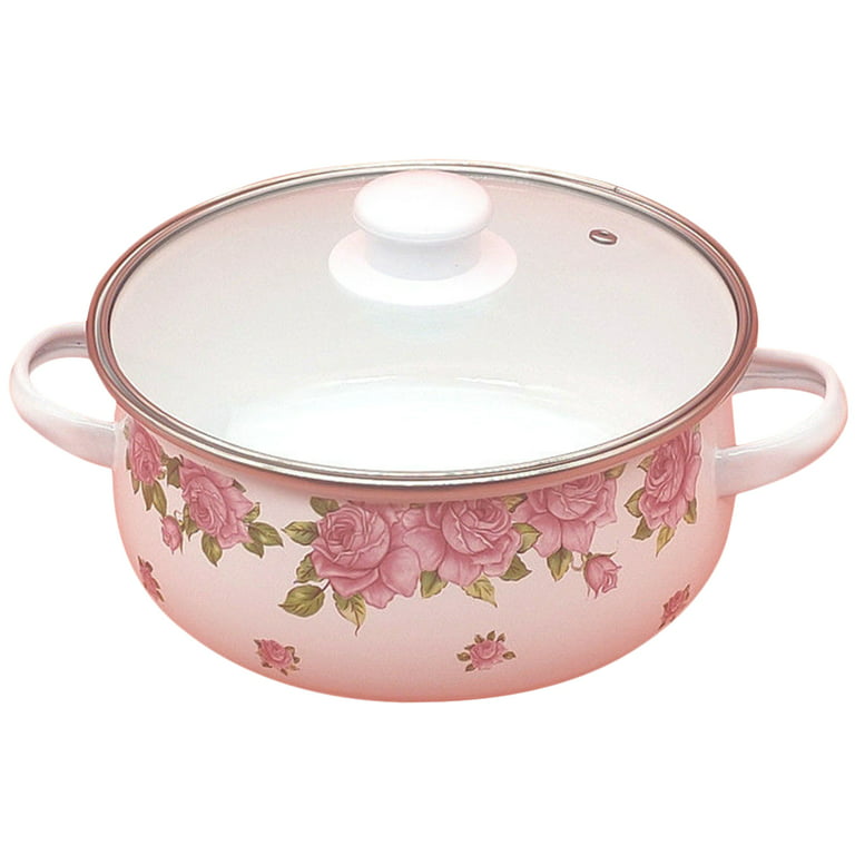 1L Flower Enamel Stock Pot with Lid Large Cooking Pot Flat Bottom Stew Pot  for Soup, Stew, Canning