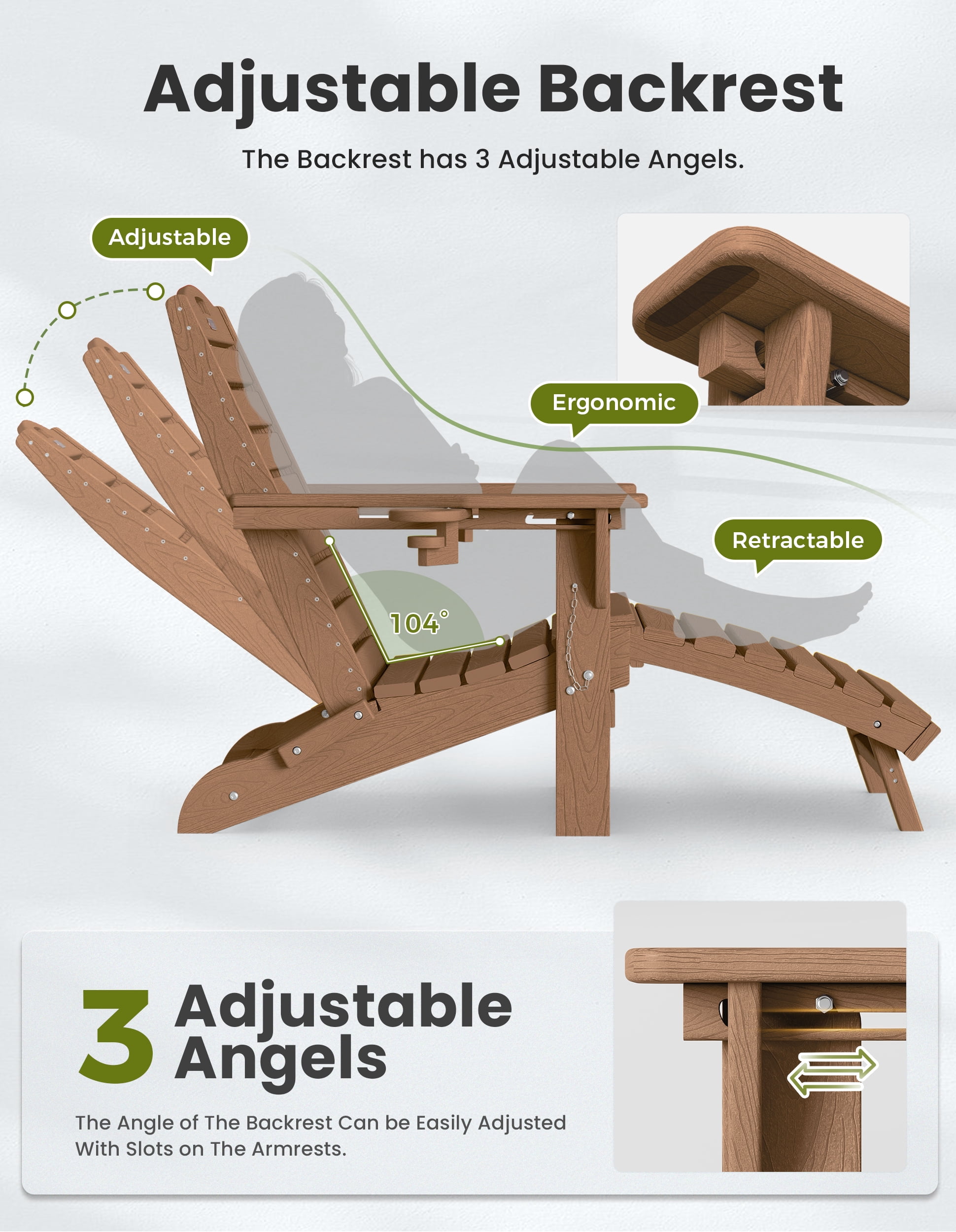 Folding Adirondack Chair with Retractable Ottoman Footrest, Wood Grain HDEP All Weather Fire Pit Chair with 2 Cup Holders for Outdoor, Classic Brown