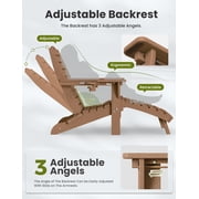 Folding Adirondack Chair with Retractable Ottoman Footrest, Wood Grain HDEP All Weather Fire Pit Chair with 2 Cup Holders for Outdoor, Classic Brown