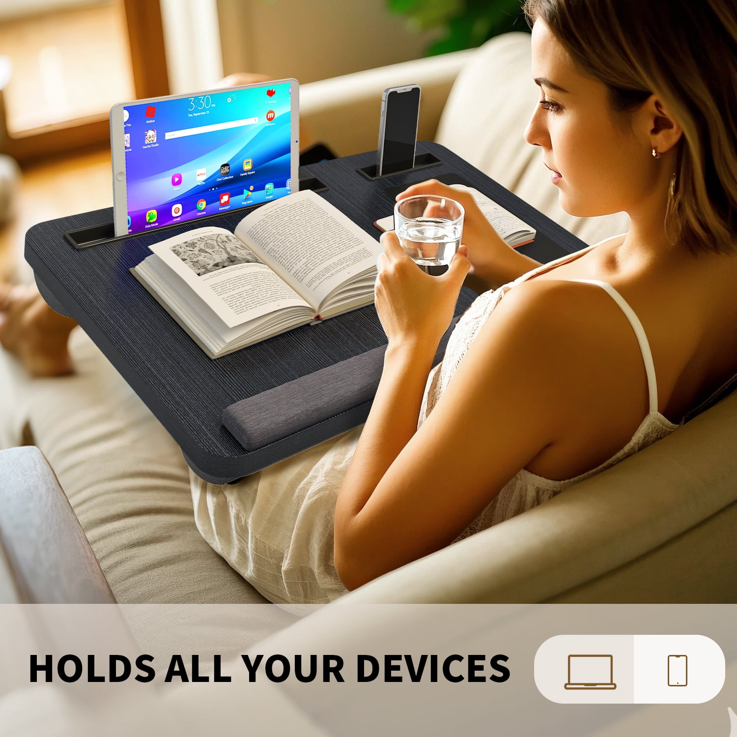 UNICOO Portable Lap Desk with Pillow Cushion, Fits 15.6" Laptop – Anti-Slip Strip, Storage Slot, Ergonomic Laptop Stand for Bed, Couch, or Home Office | Students, Home Office, or Travel (Ebony Black)