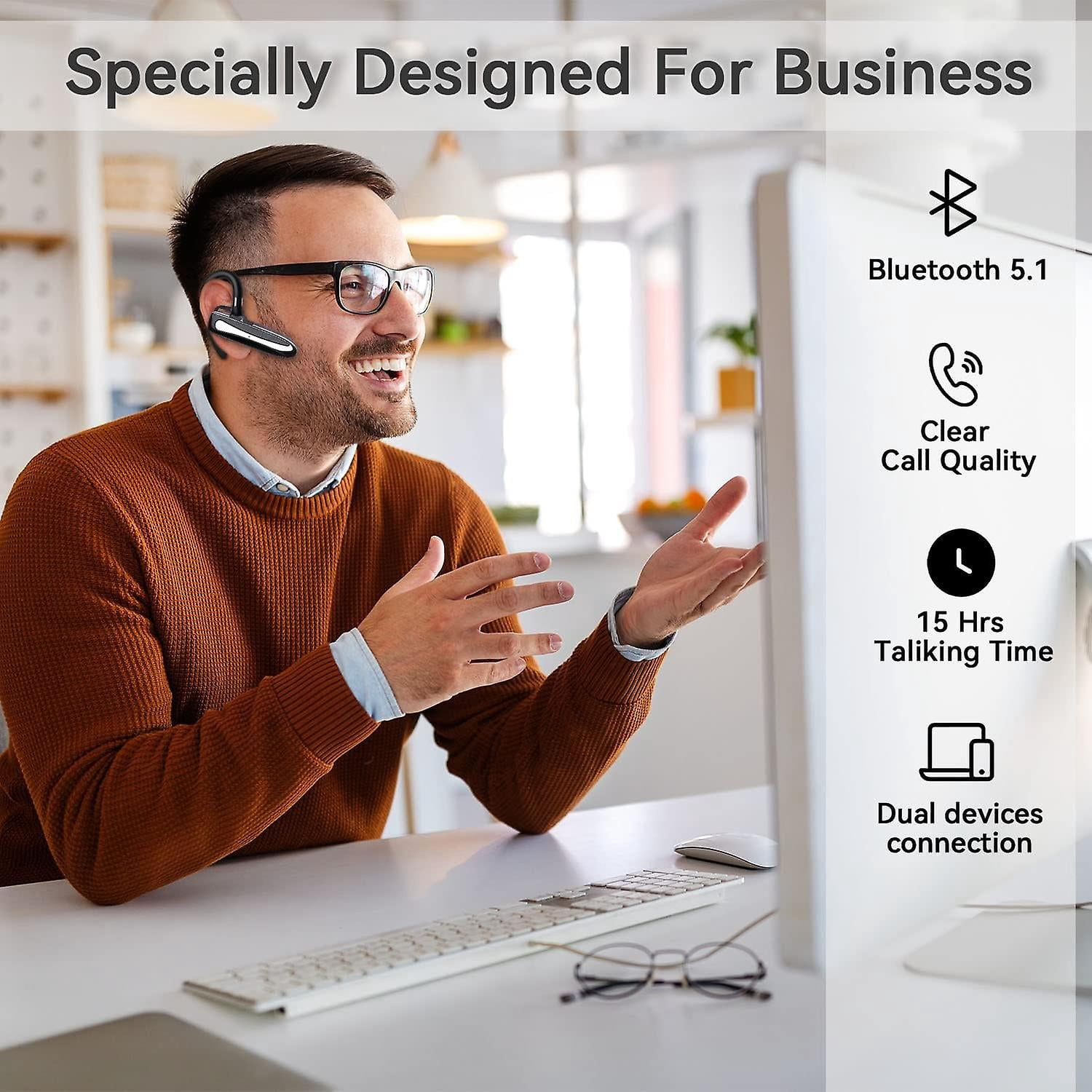 Bluetooth Wireless Earpiece For Cellphone, Bluetooth 5.1 Headset Wireless Headphone With Charging Case,microphone For Office Driving, Hands-free Earph