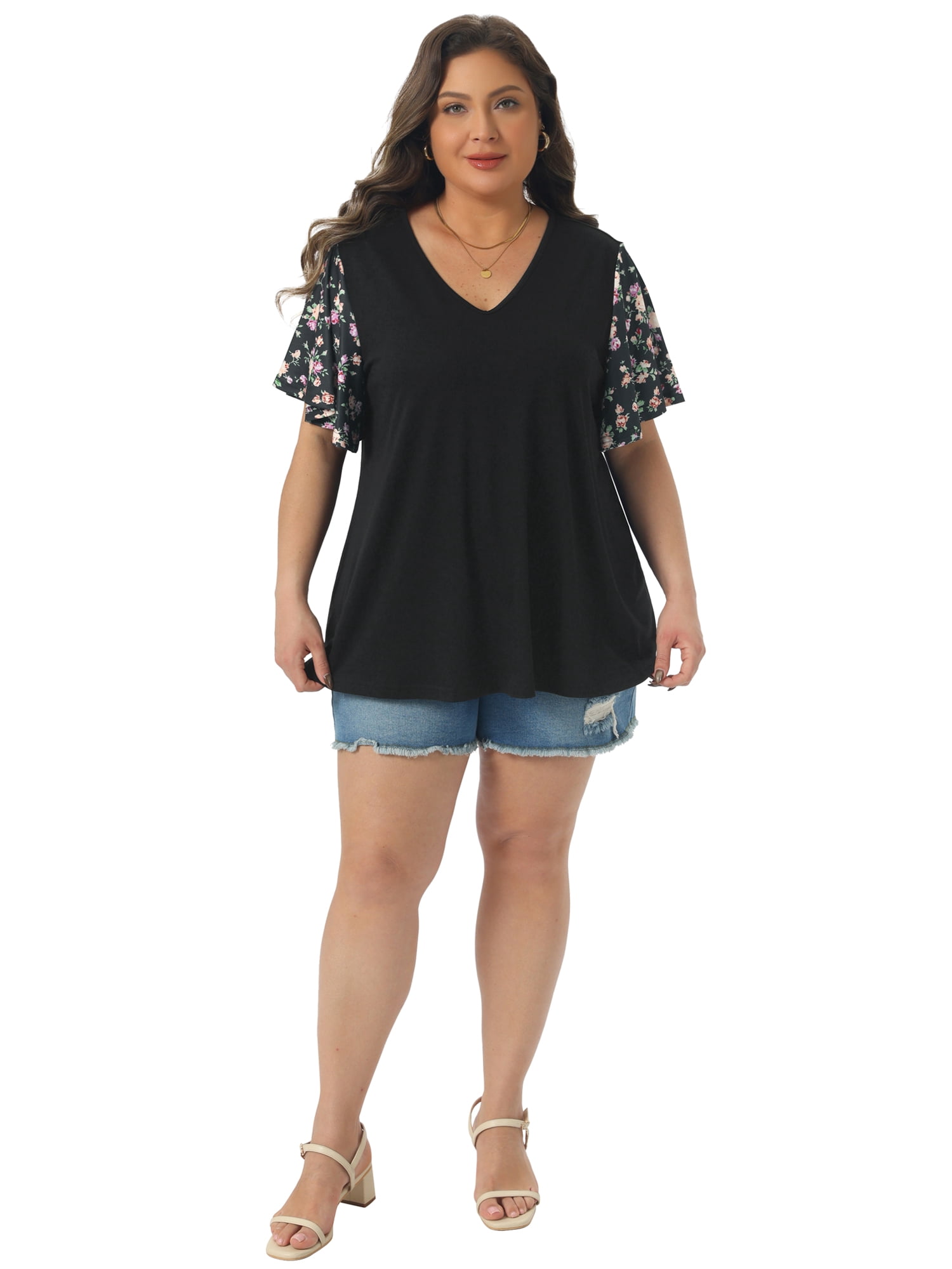 DARING DIVA Women's Plus V Neck Floral Flutter Sleeve Blouse Casual 4X Black