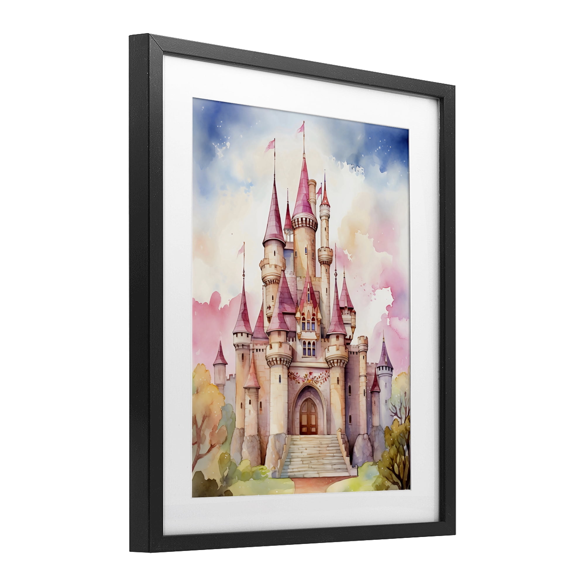 Stupell Industries Princess Castle Watercolor Portrait Black Framed Print Under Glass, design by Creative Studio