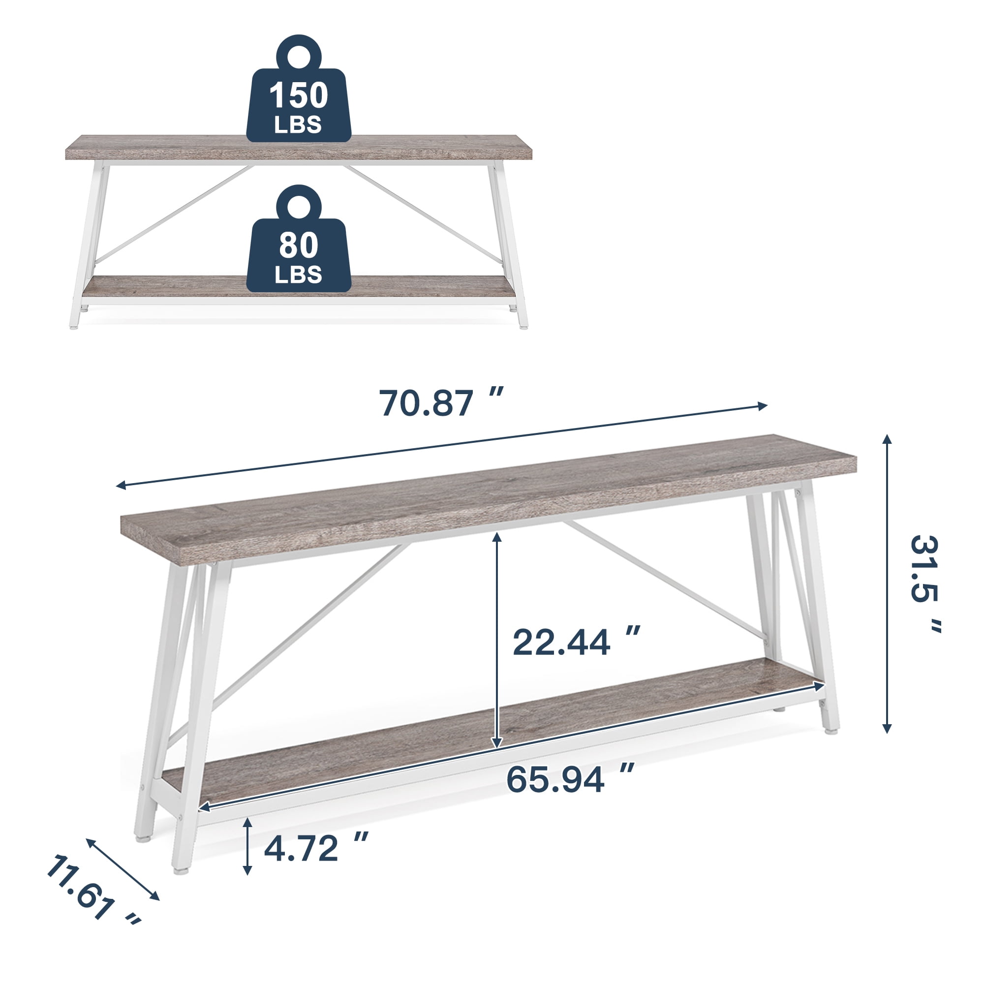 Demi Bonn 70.9" Console Table, Rustic Vintage Narrow Sofa Table for Entryway, Living Room, Hallway, Gray & White