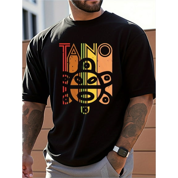 Men's TAINO Totem Print Short Sleeve T-Shirt - 100% Cotton Breathable Regular Fit Casual Tee with Vibrant Tribal Design for Summer, Travel & Daily Leisure, Summer Outfit, Cultural Style,