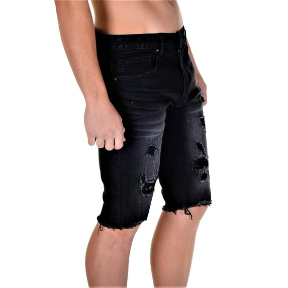 Smoke Rise Mens Basic Slim Skinny Rip Off Shorts Washed Black W42