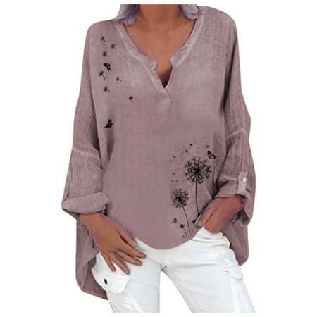 

Sayhi Loose V-neck Floral Print Shirt Casual Women Blouse Plus Top Sleeve Long Size Women s Button up Scrub Top