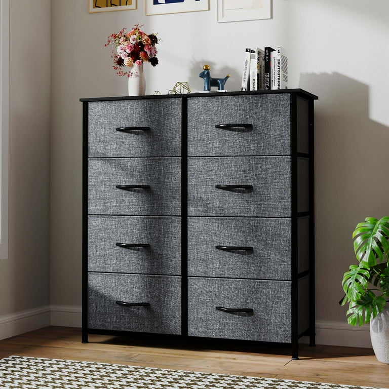 Dextrus 8 Drawer Fabric Dresser with Wooden Top Storage Box for Adults Teens Black Gray