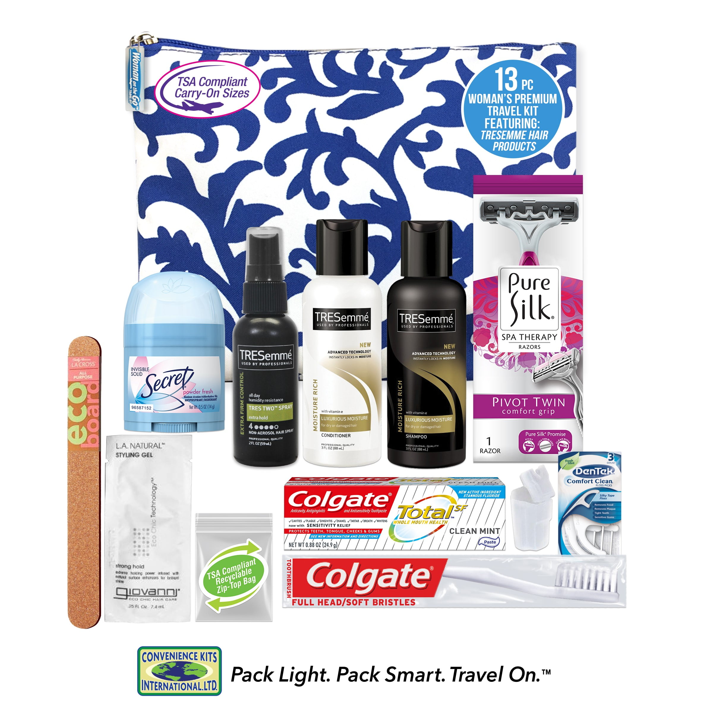 Convenience Kits International Women's Premium 13 PC Assembled Kit, TSA Compliant, in Reusable