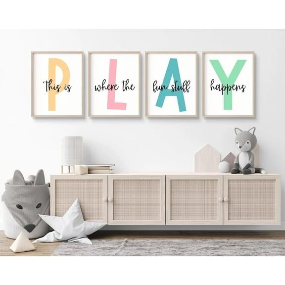 Kids Playroom Wall Art Playroom Wall Decor Kids Play Canvas Wall Art Play Sign Pictures Toddler Kids Playroom Art Prints Nursery Children Artwork for Room Bedroom Set of 4 8x10 Inch Unframed