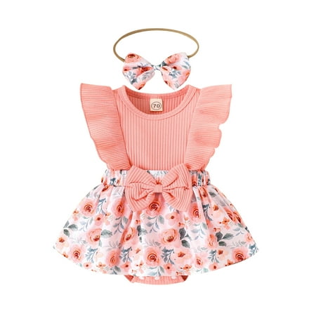 

Toddler Baby Girls Romper Dress Fly Sleeve Floral Printed Patchwork Jumpsuits with Bowknot Headband