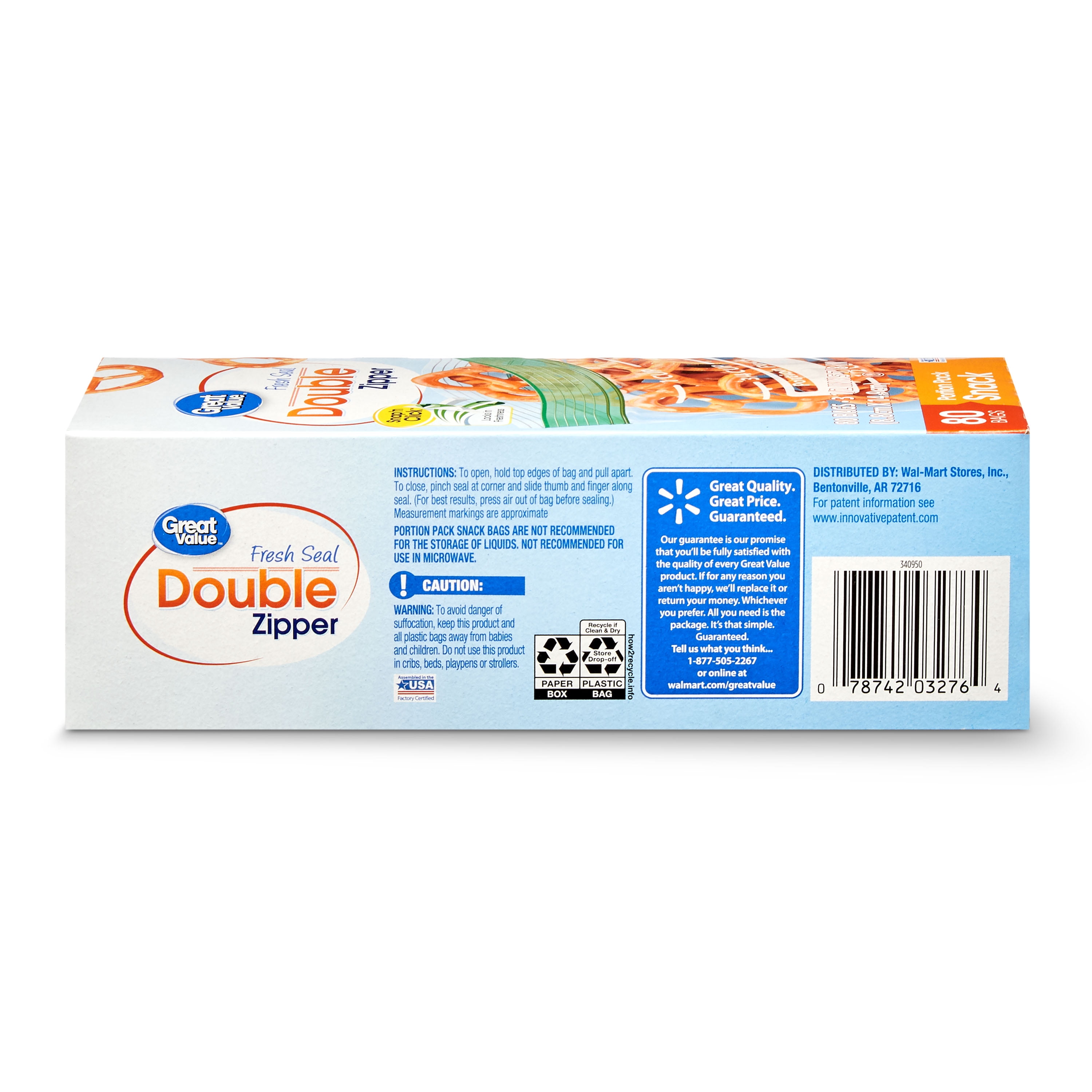 Great Value Fresh Seal Double Zipper Portion Pack Snack Bags 80 Count