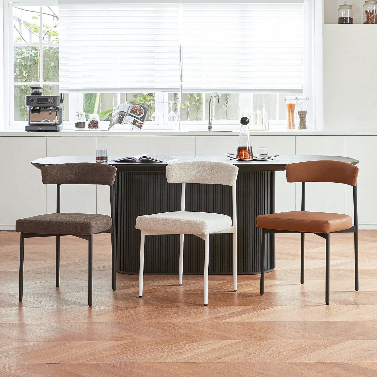 Brown Faux Leather Dining Chairs Set of 4, Armless Upholstered Kitchen Chair,Modern Dining Room Chair with Curved Backrest