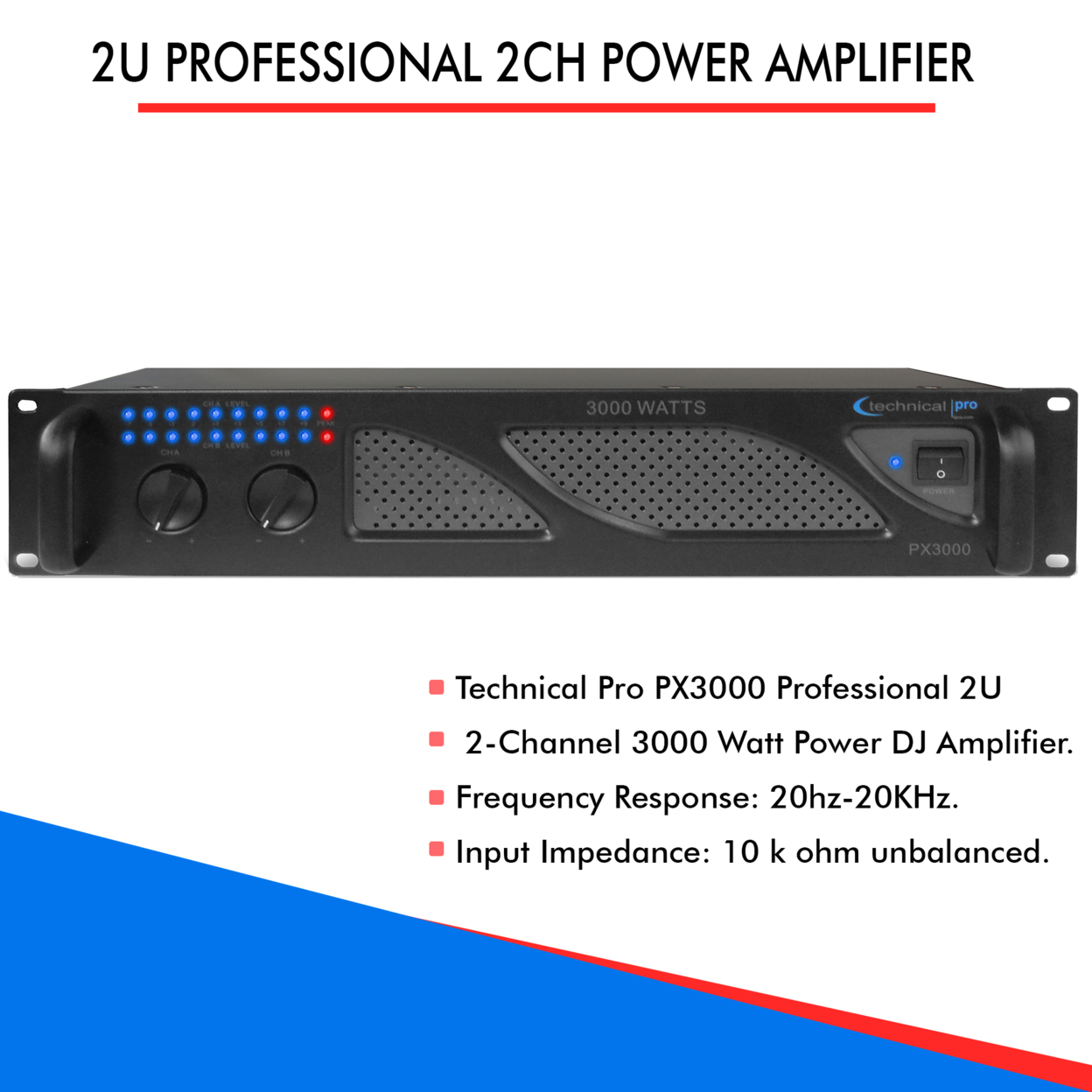 Technical Pro Professional 2U 2 Channel. 3000 Watts Power DJ Amplifier