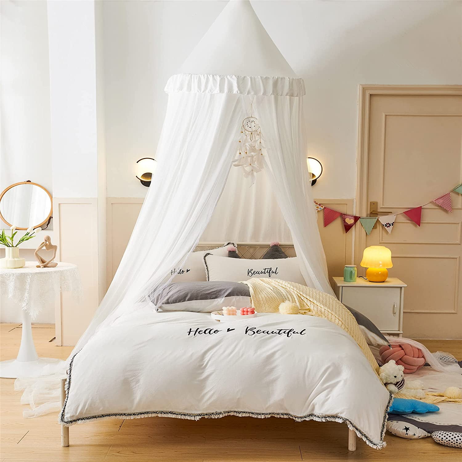 Bed Canopy for with Lights,Double Layer Princess Round Dome Dreamy Mosquito Net Bedding Girls Room Castle Play Tent Hanging House Decor Reading Nook Canopies(Beige Pink/White)