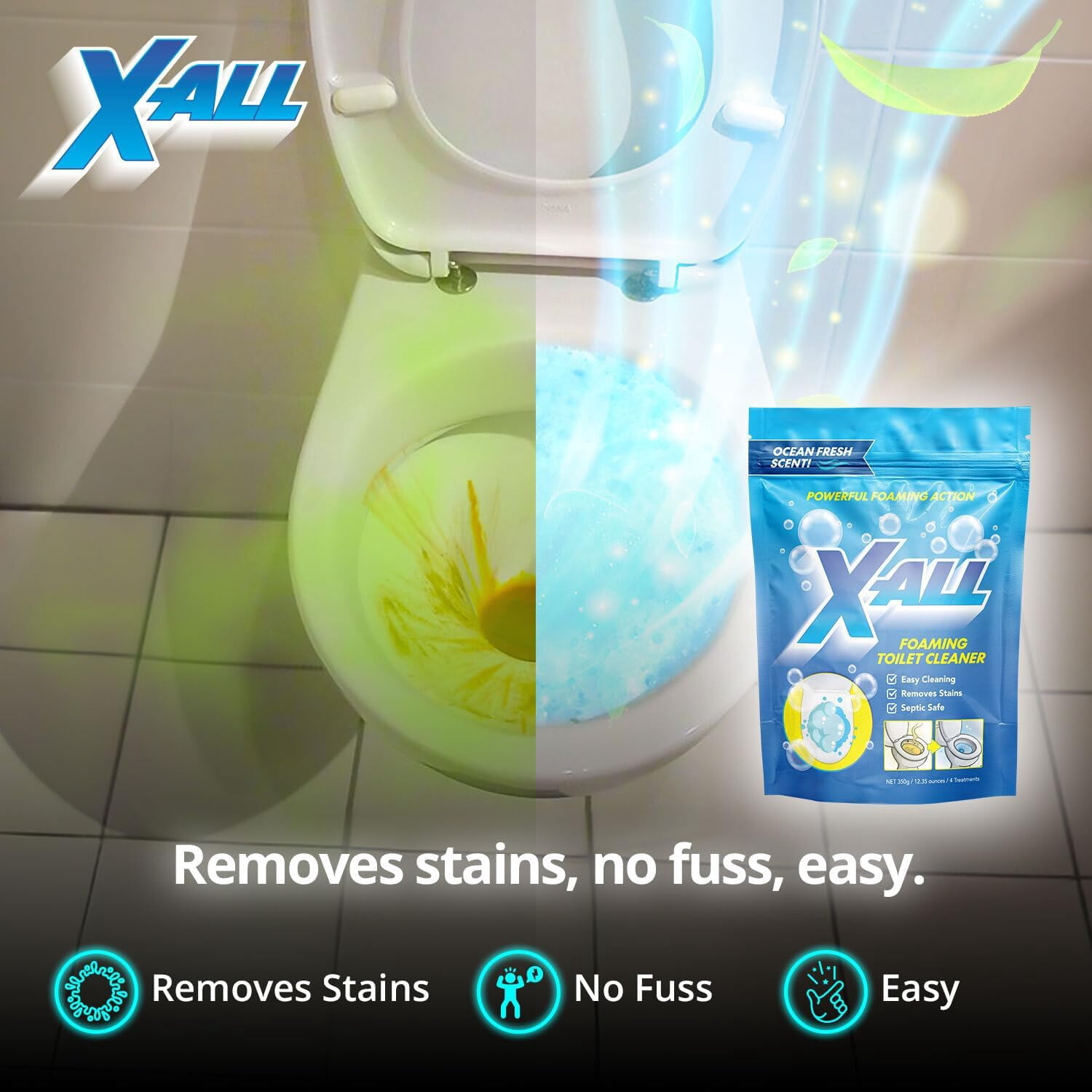 X-ALL Foaming Toilet Cleaner, Self-Activating Powder for Deep Cleaning, Fights Stains, Limescale and Mineral-Buildup