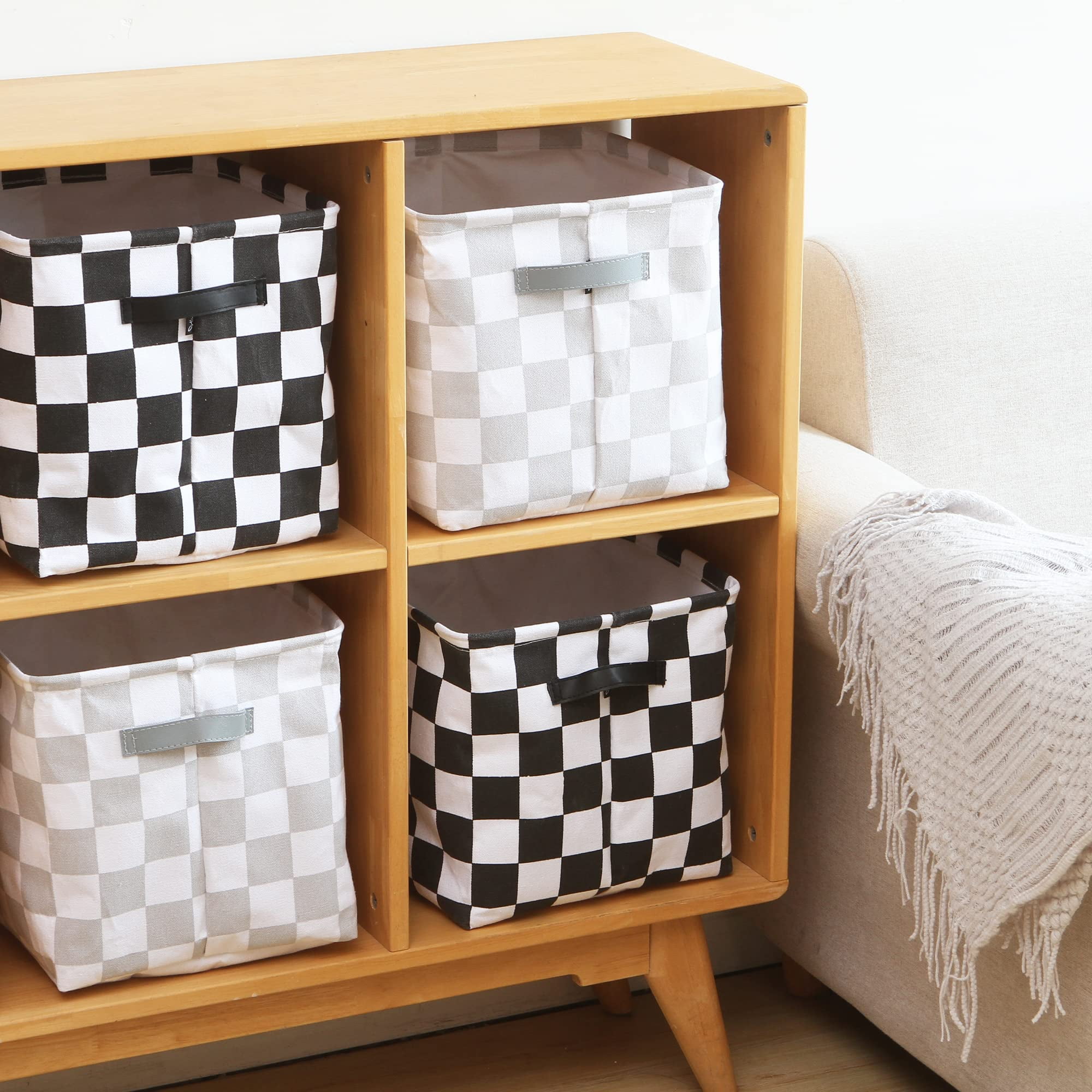 Hinwo 3-Pack Square Organizer Shelf Bins, Canvas Fabric Storage Baskets with Handles & Drawstring Cover, 22L Collapsible Storage Boxes, 11 x 11 x 11 Inches, Grey Checkerboard