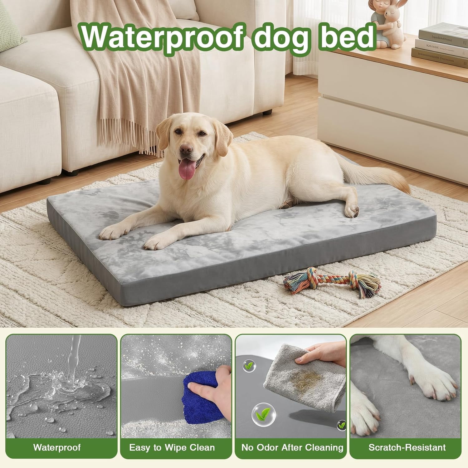 Waterproof Outdoor Dog Bed Large Medium Sized Dogs, Washable Crate Pad 35 inch, Foam Orthopedic Pet Beds with Removable Cover,Durable Anti-Slip Kennel Pads 35"x22", Gray