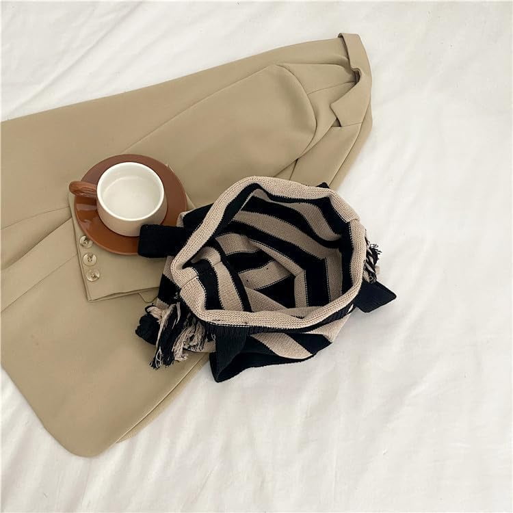 JennyShop Trendy Knitted Shoulder Handbag Striped Tote Bag with Tassel Decoration Color Blocked Crochet Underarm Bag