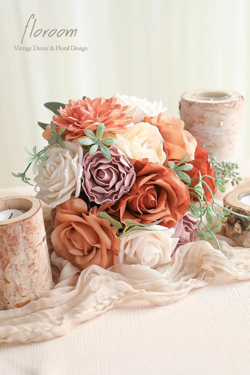 Terracotta Artificial Flowers Burnt Orange Fake Roses Peonies Dahlia Greenery Combo Box Set for DIY Wedding Bouquets Bridal Shower Centerpieces Floral Arrangements Party Tables Home Decoration
