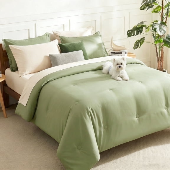 BDEUS 7 Pieces Comforter Set Queen，Bed in A bag，All Seasons Bedding sets with Comforter,Fitted Sheet,Flat Sheet,Pillowcases & Shames，Sage green