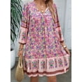 thumbnail image 3 of Women Casual Spring Summer Dresses V Neck 3/4 Long Sleeve Floral Flowy Boho Babydoll Mini Short Beach Dress Pink M, 3 of 8