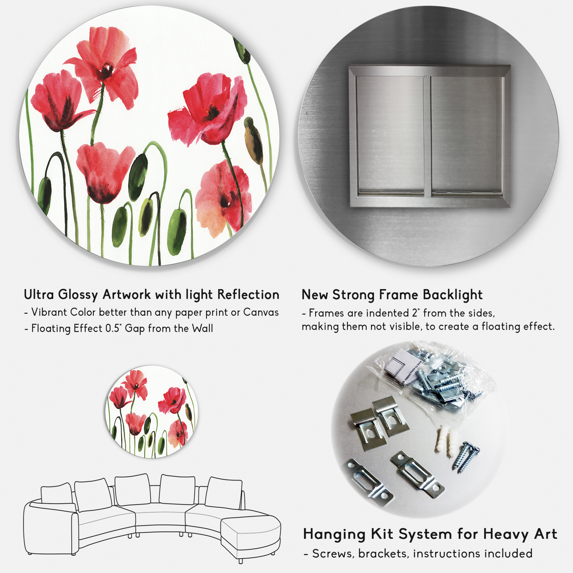 Designart 'Ancient Red Blooming Poppies' Traditional Circle Metal Wall Art 11x11 - Disc of 11